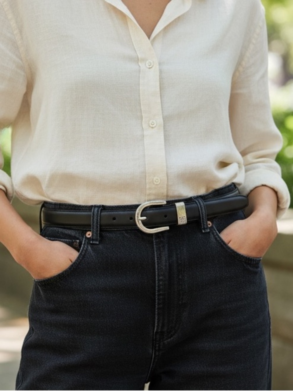 Lauren Ralph Lauren Black Leather Belt with Gold-Tone Buckle